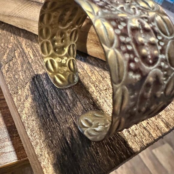 Handcrafted Artesian Boho‎ Patina Brass Plum Wide Cuff Bracelet, Adjustable, Gif - Picture 5 of 8